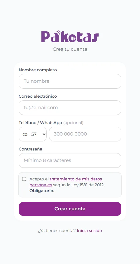 Pantalla de registro de la app Pakotas