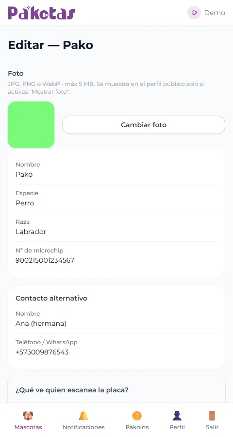 Datos del perfil de la mascota