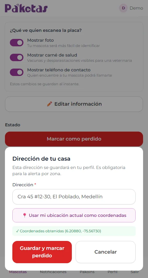 Marcar dónde se perdió la mascota
