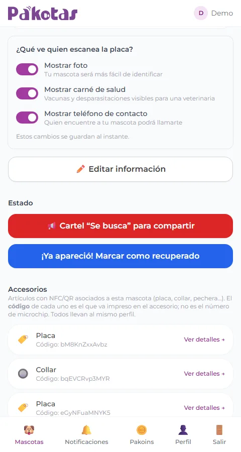 Estado de mascota marcada como perdida