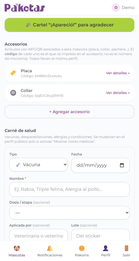 Agregar un registro al carné de salud