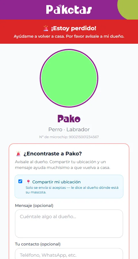 Vista pública de una mascota perdida
