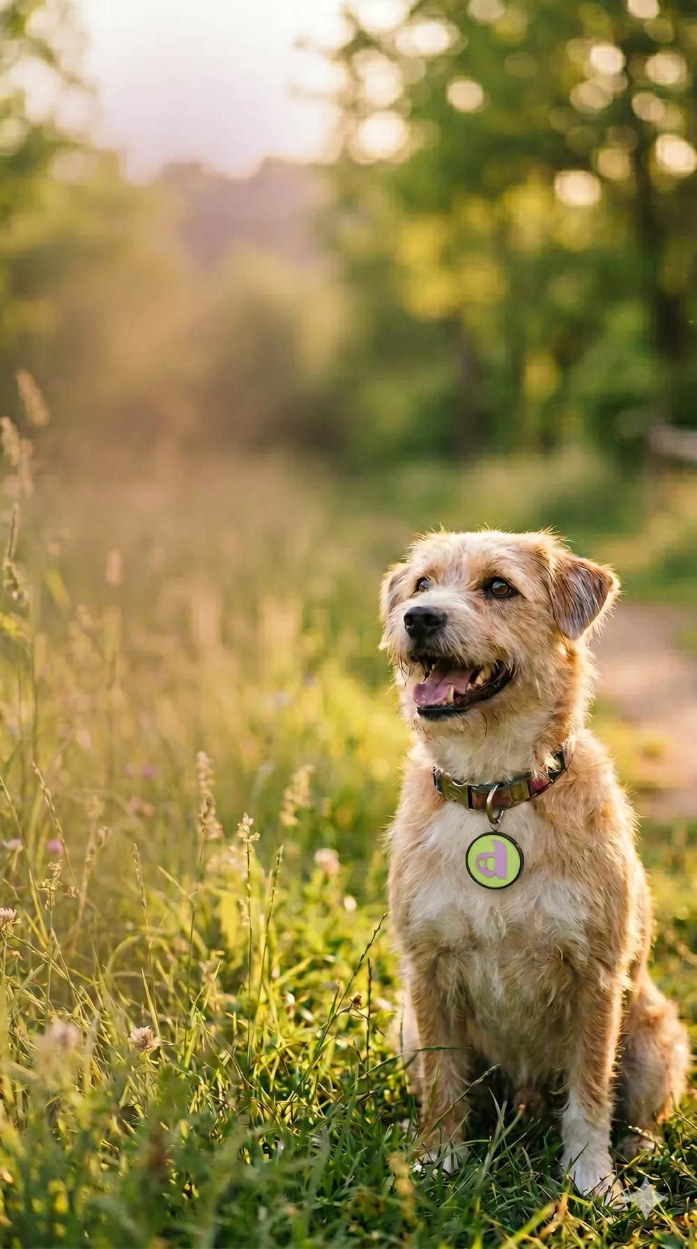 Perro feliz sentado en un parque al atardecer con su placa de identidad Pakotas